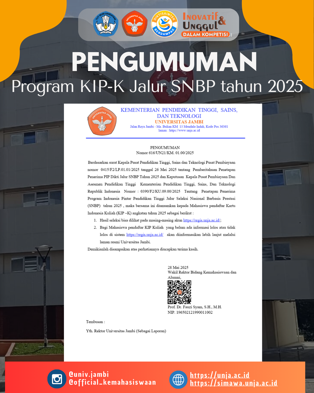 Pengumuman program KIP-K jalur SNBP tahun 2025