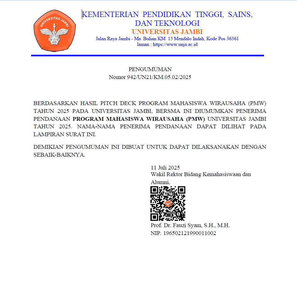 Pengumuman Penerima Pendanaan Program Mahasiswa Wirausaha Universitas Jambi tahun 2025