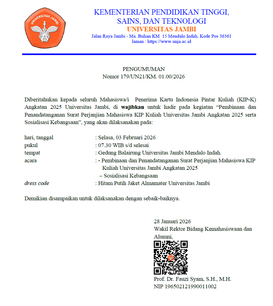 Pengumuman Pembinaan dan Penandatanganan Surat Perjanjian Mahasiswa KIP Kuliah Universitas Jambi Angkatan 2025