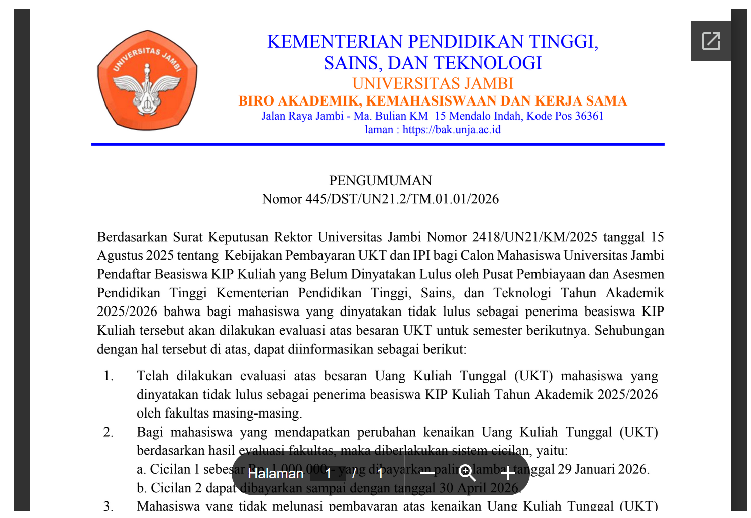Pengumuman Aktivasi Buku Tabungan Bantuan UKT PIP dan